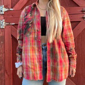 🔥 Woolrich Red Plaid Tie Dye Button Down Shirt Size M Bleach Upcycled Unisex